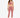 A model wearing a sleeveless, draped crop top and matching joggers in a pink fabric.