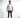 A man stands confidently wearing a white short-sleeve shirt with textured lettering, paired with blue jeans and styli...