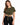 A woman poses in a cropped olive green top with a front tie, paired with black high-waisted leggings.