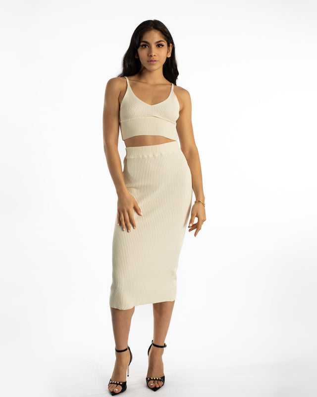 Nia Knit Skirt in Cream – full-length front view