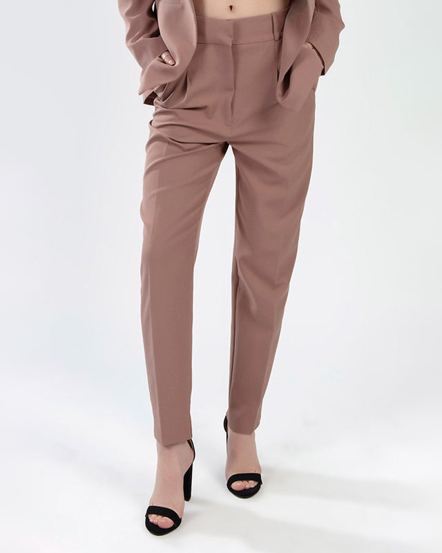 Fiona Pants Set in Wild Mushroom featuring high-waisted tailored trousers with a matching blazer and black heels.