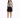 A model poses in a fitted long-sleeve top featuring graphic designs, paired with a black zippered skirt and heels.