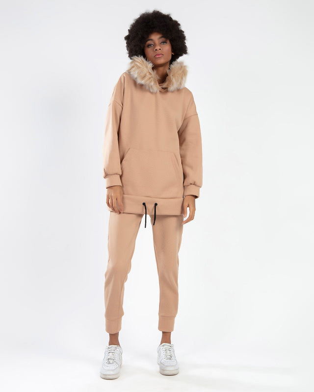 Furry Pants Set in Wild Mushroom with fluffy hood, oversized hoodie, and matching joggers on model.