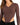 A fitted brown long-sleeve top with a V-neck and cut-out sides, paired with black high-waisted pants.