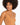 A model with curly hair wears a form-fitting, tan bodysuit, showcasing a scoop neckline and smooth fabric.