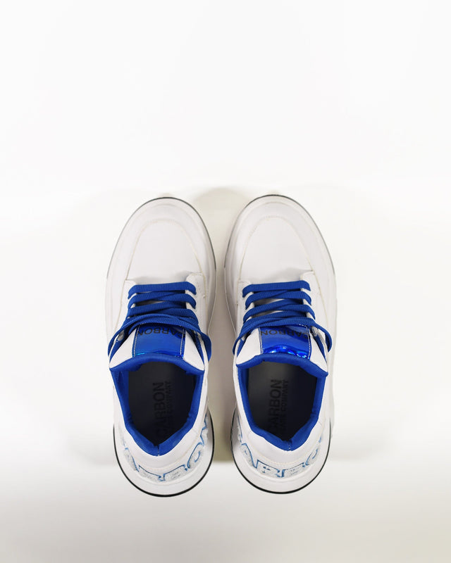 Top view of Carbon Neon LED sneakers in white with blue laces, metallic blue trim, and signature CARBON embroidery.