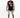 A man stands wearing a sleeveless black top with colorful graffiti-style text, paired with distressed gray shorts and...