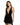 A model poses in a sleek black dress featuring a deep V-neckline and side slit, showcasing a stylish silhouette.