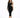 A model poses in a fitted black dress with a unique cutout design and one long sleeve, paired with strappy heels.