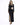 A fitted black dress with long sleeves, side cutouts, and a thigh-high slit, paired with black heels.