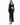 A model showcases a fitted black dress with long sleeves, cut-out details, and a thigh-high slit.