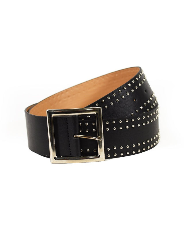 Paula black wide waist belt for women with silver stud details and a large square buckle for Y2K streetwear fashion.