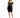 A model poses in a fitted black dress with off-the-shoulder sleeves and intricate gold detailing.