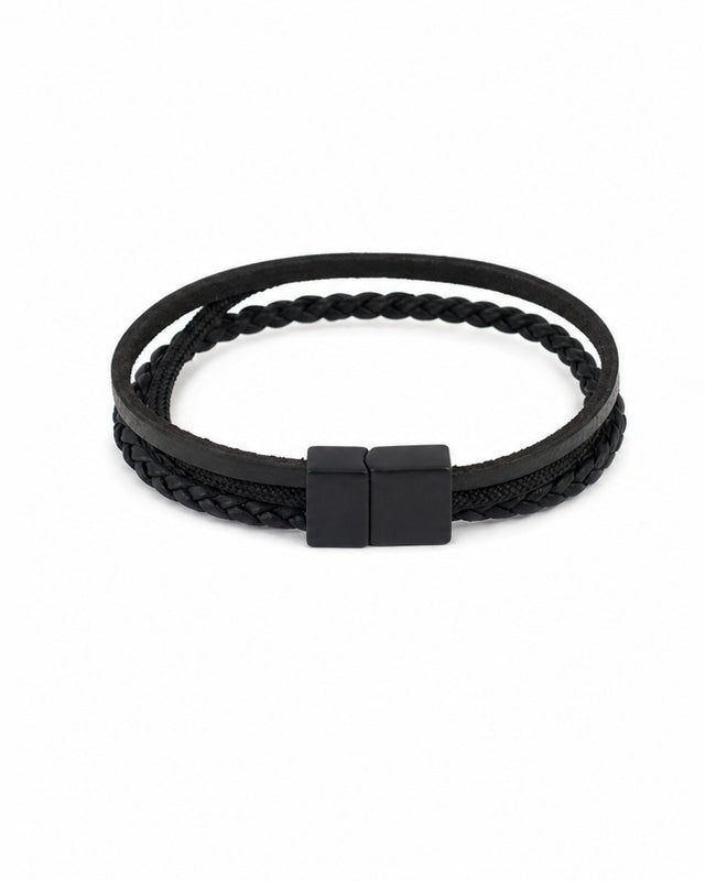Black bracelet featuring two intertwined strands, one smooth and one braided, with a square clasp.