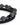 A close-up of a bracelet featuring round gray beads and a sleek black band with a glossy clasp.