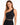 A woman models a fitted black activewear top with a stylish one-shoulder design and cropped length.