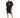A man stands wearing a black oversized t-shirt with graphic text, paired with black shorts featuring a white number.