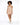A model poses in a fitted, ribbed, beige dress paired with white sneakers against a plain background.
