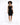 A model poses in a fitted black dress with a scoop neckline, paired with white sneakers against a light background.