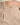 Close-up of light beige pants featuring a button closure and subtle pleats at the waist.