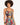 A model showcases a colorful two-piece set featuring a cropped top and matching leggings with vibrant patterns.