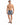 A man stands confidently in colorful swim shorts with a cityscape design, paired with flip-flops.