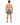 A man stands with his back to the camera, wearing colorful swim trunks and flip-flops.