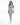A model poses in a fitted dress with a floral blue and white pattern, featuring puffed sleeves and a square neckline.