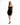 A model poses in a fitted black dress with thin straps and a cutout detail, paired with black high heels.