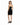 A woman in a fitted black dress with thin straps, showcasing a sleek silhouette and paired with black high heels.