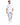 A man walks confidently in a white graphic t-shirt and light gray cargo pants, paired with white sneakers.