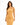 A woman models a sleeveless, ribbed, mustard-colored dress with a twisted neckline and a fitted silhouette.