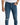 Fitted blue denim jeans with distressed details and ribbed accents, styled with a casual white shirt.