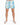 Men's swim shorts featuring a colorful palm tree print in blue and yellow, paired with white slide sandals.