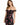 A woman poses in a fitted black dress with pink floral patterns and ruffled off-the-shoulder sleeves.