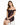 A woman sits on a white stool, wearing a fitted black dress with floral patterns and off-the-shoulder sleeves.