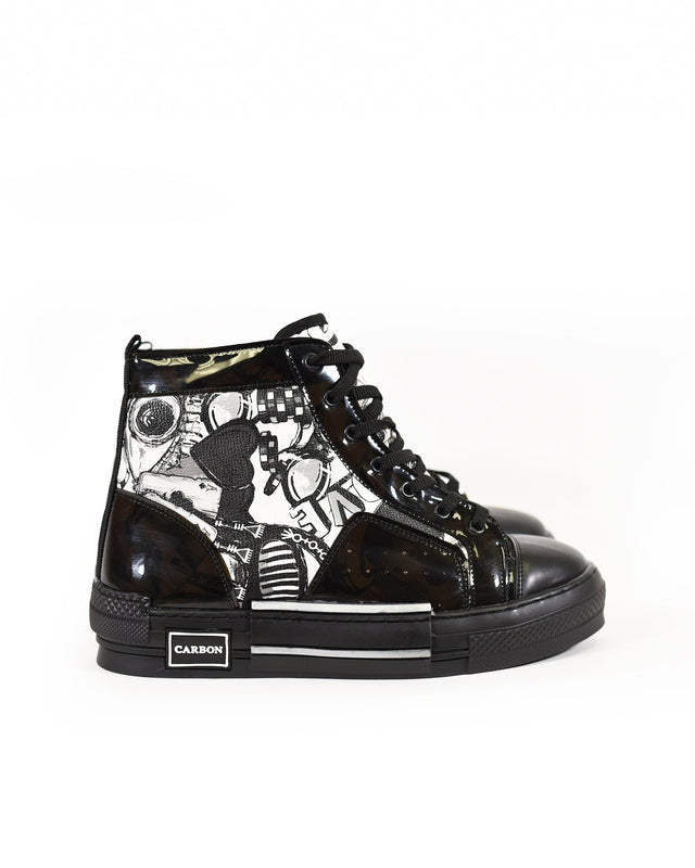 Carbon black mid-top streetwear sneakers featuring glossy panels and graphic street art motifs with star details.
