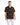 Short-sleeve black shirt featuring a geometric orange pattern, worn with white jeans.