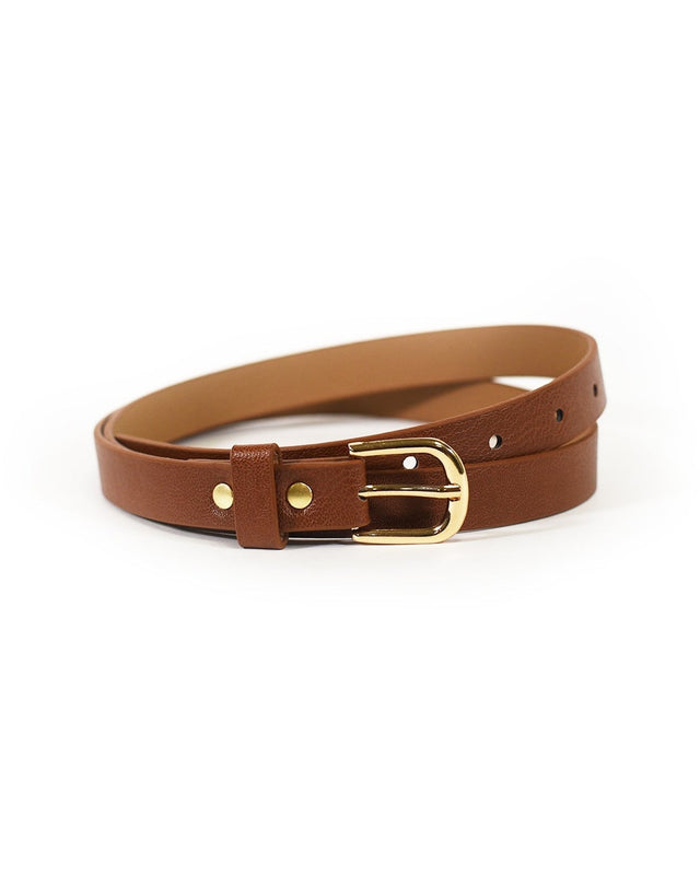 Lexie Brown Skinny Belt for women in textured featuring a polished gold horseshoe buckle.
