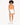 Model wearing a fitted, sleeveless orange bodysuit with a cutout, paired with white shorts and sneakers.