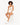A model poses in a light bodysuit with a cutout detail, paired with white shorts and sneakers.