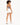A model with curly hair wears a fitted bodysuit and white shorts, showcasing a casual summer outfit.