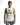 A man wearing a sleeveless white shirt with a graphic design featuring text and abstract elements.