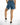 Rear view of Sunny Blue high-waisted denim shorts with a double waistband, back pockets, and frayed raw hem fringe.