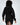 A person wearing a black hooded garment with a unique cut and long sleeves, showcasing a stylish back view.
