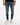 Slim-fit blue jeans with distressed details, paired with white sneakers and a black t-shirt.