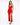 A model poses in a sleek red satin dress with a deep neckline and a thigh-high slit, paired with black heels.