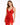 A model poses in a red satin dress with a plunging neckline and ruched detailing, showcasing elegant style.