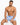 A muscular man poses in blue and white striped swim trunks with a drawstring waist, showcasing a relaxed style.