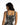 Back view of Marlee black and white tribal print knit crop top with smocked back and straps for streetwear aesthetic.